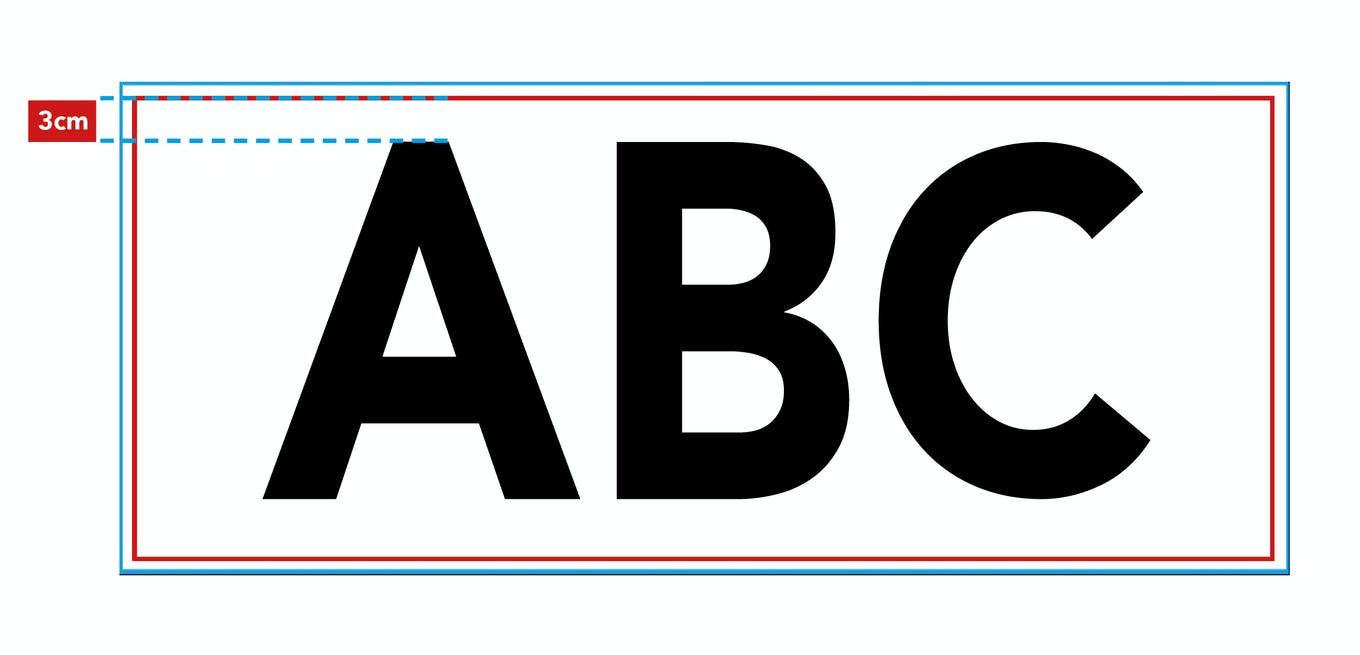 Illustration zur Formatierung des Abstands zum Rand bei Fräsbuchstaben, zeigt den Text 'ABC' mit einem Abstand von 3 cm.