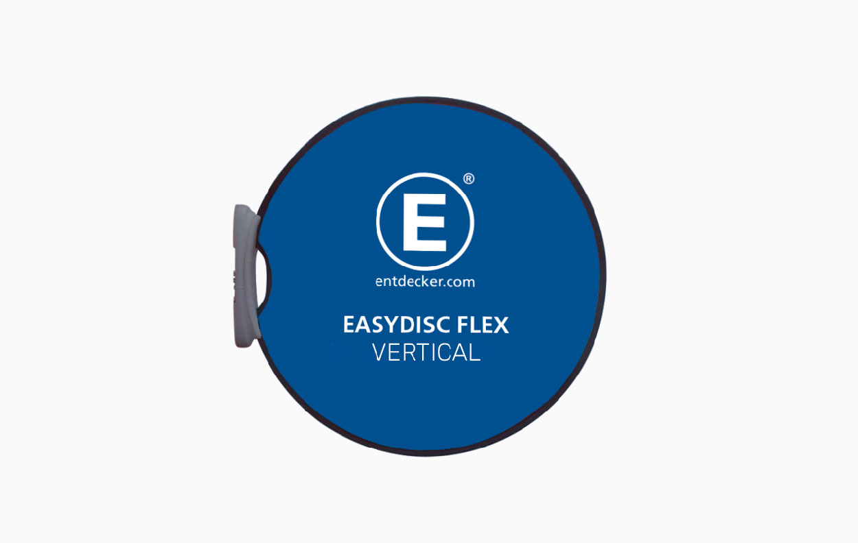 Rundes Werbedisplay "Easydisc Flex Vertical" in Blau mit weißem Logo und Text.