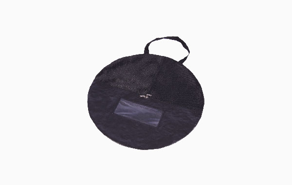 Runde, schwarze Tasche mit Henkel und transparentem Sichtfenster, Produkt: Werbedisplay Easydisc Tasche Henkel 50, Marke: ENTDECKER