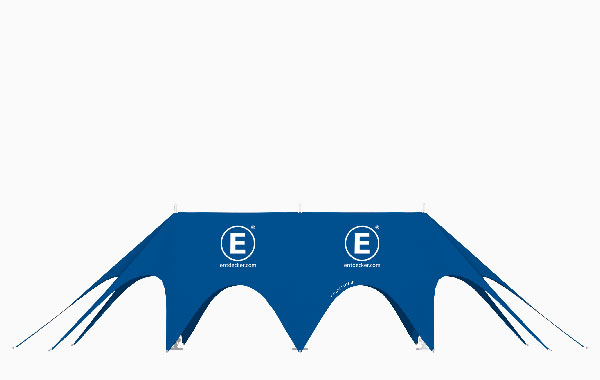 Sternzelt Größe 10X18 Tp in Blau mit markanten E-Logos.