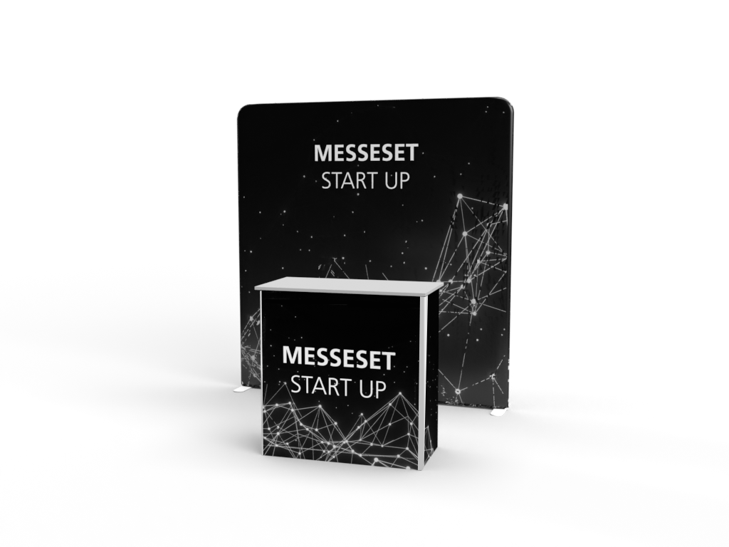 Messeset 'Start Up' von ENTDECKER, bestehend aus einem großen Hintergrundbanner und einem Tisch mit passendem Design.
