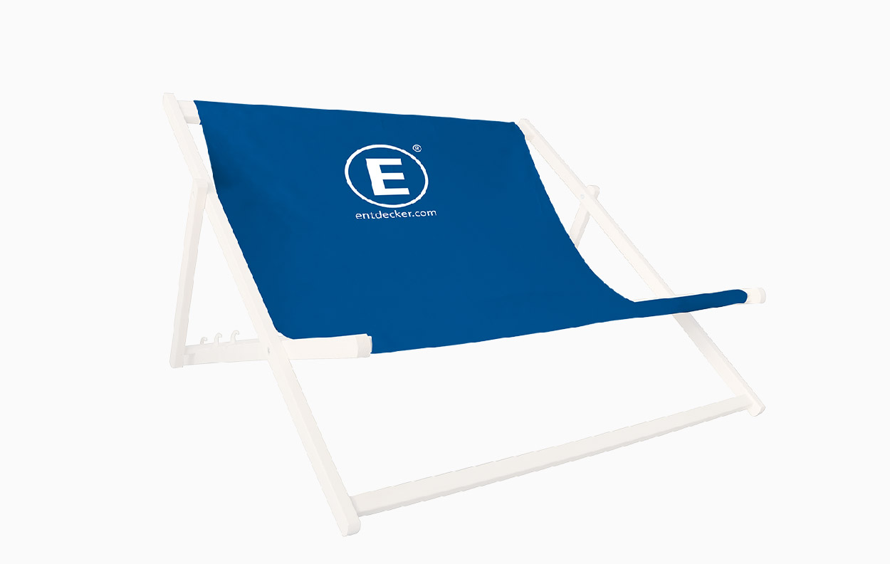 Liegestuhl Sd Stoff Doppelliege in Blau mit weißem Gestell, Marke ENTDECKER, einteiliges Design.