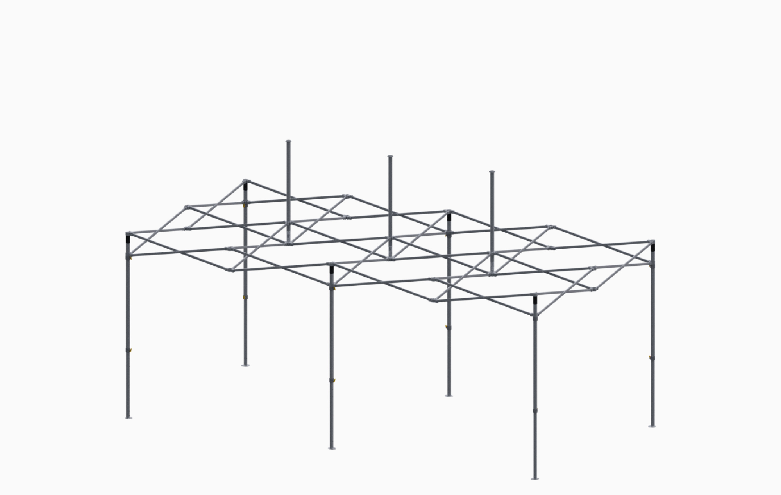 Faltzelt Gestell in der Größe 3x6 Meter, aus Metall mit mehreren Stützpfosten und einem stabilen Rahmen.