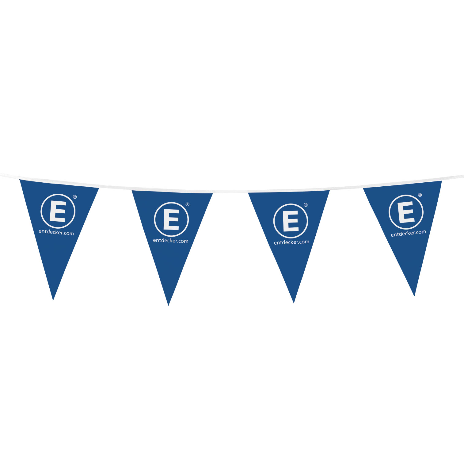 Blaue Wimpelkette mit weißen Buchstaben E und der Website entdecker.com