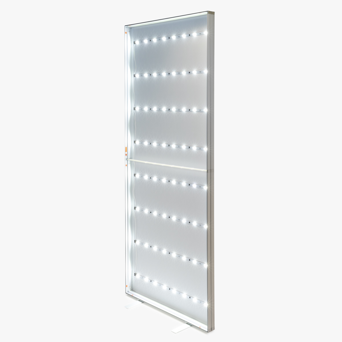 LED Lightbox Anschluss mit ROC-Logo und Stromkabel, auf einem weißen Tisch platziert.