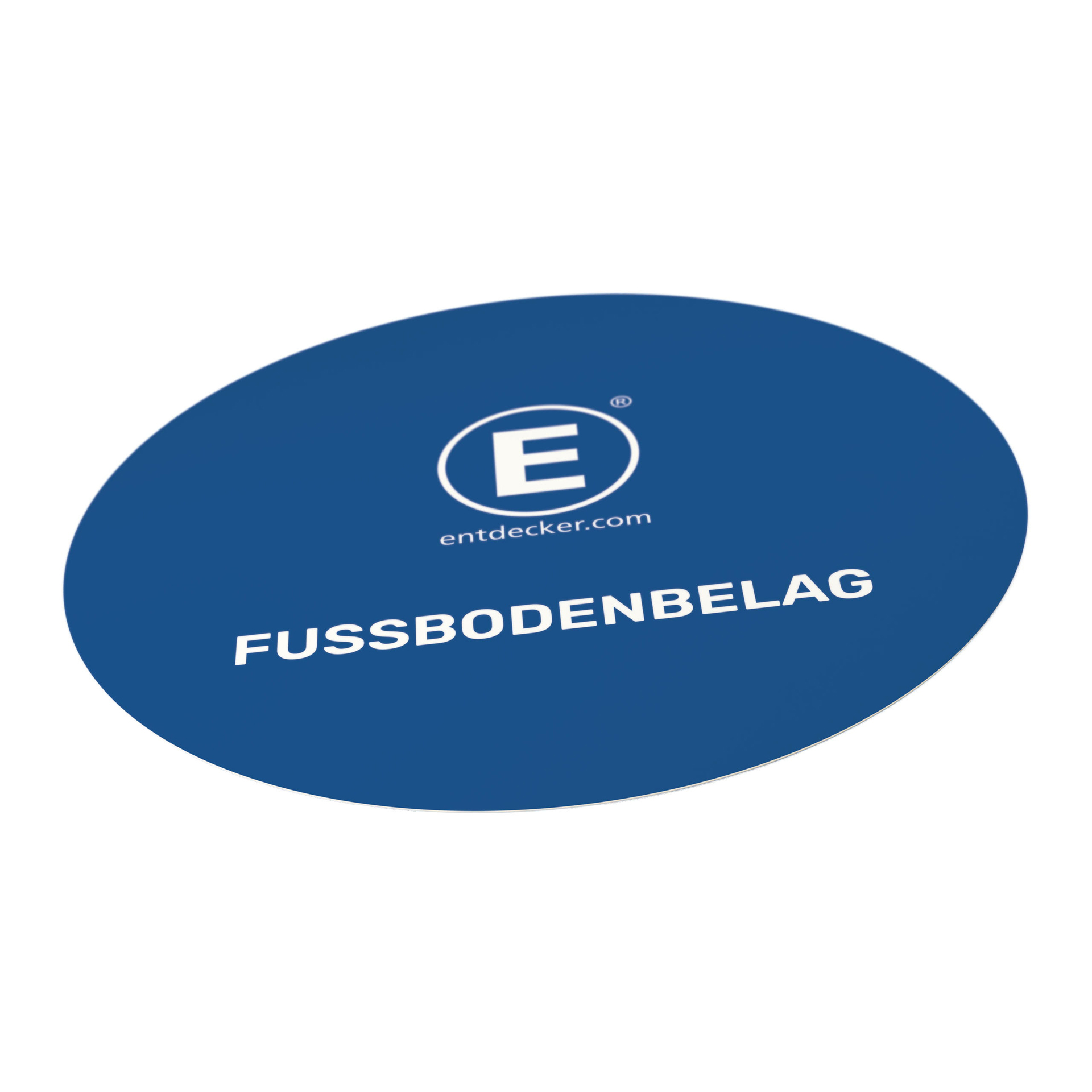 Runder, blauer Fußbodenbelag mit dem Text FUSSBODENBELAG und dem Logo von ENTDECKER.