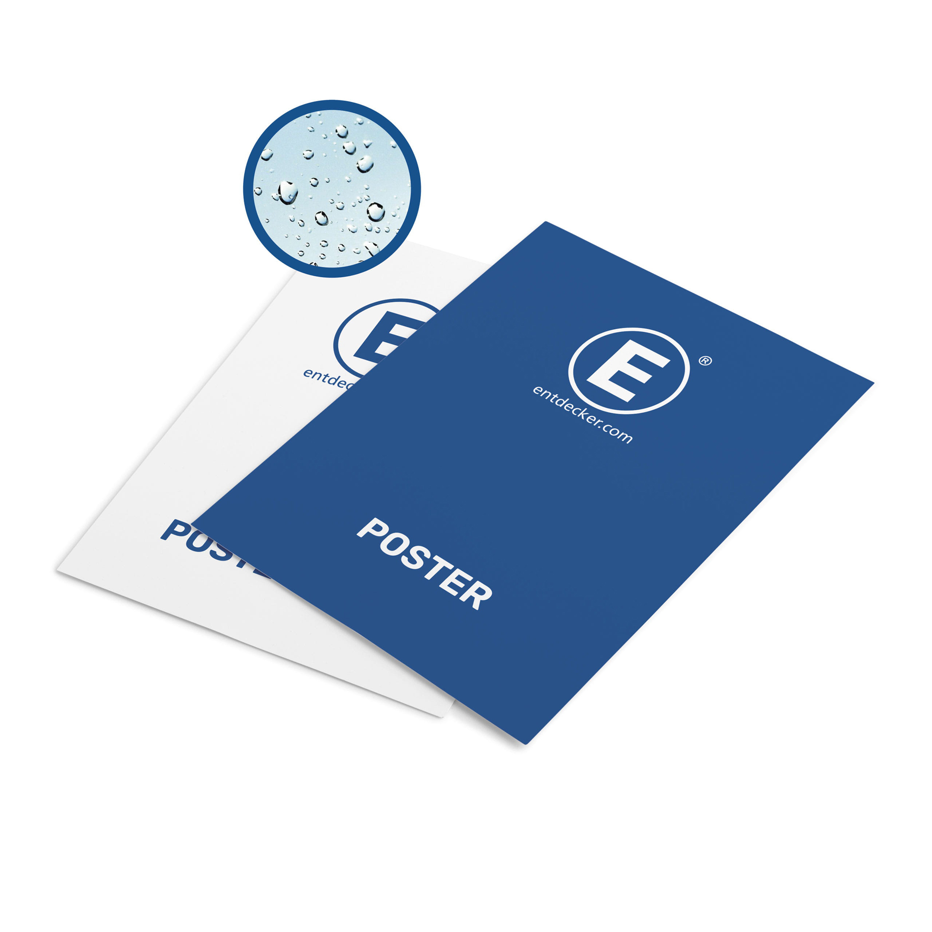 Zwei wasserfeste Poster von ENTDECKER, eines in Blau mit POSTER-Aufschrift, das andere in Weiß.