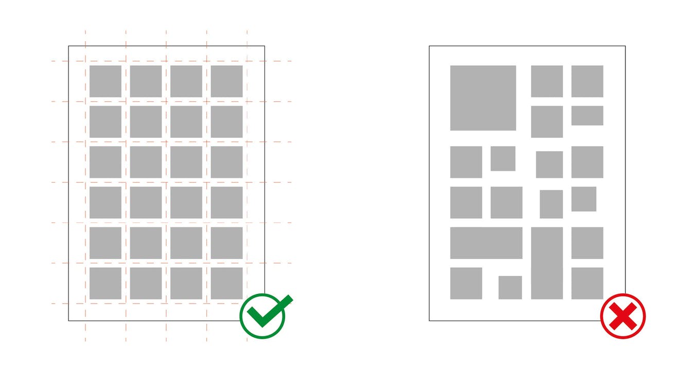Vergleich von zwei Druckbogen-Layouts: links korrekt angeordnet mit gleichmäßigen Kästchen, rechts fehlerhaft mit unregelmäßigen Kästchen.
