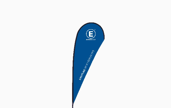 Fahnenform Drop in Blau mit dem Text 'E' und 'EASYFLAG'