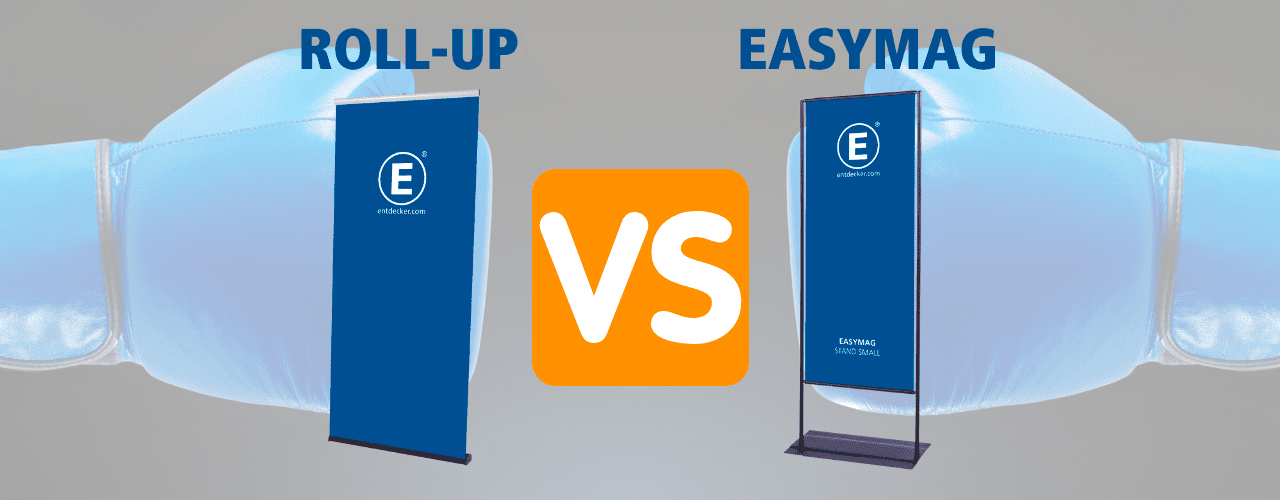 Vergleich zwischen zwei Roll-Up-Displays: links 'ROLL-UP' und rechts 'EASYMAG', beide von ENTDECKER.