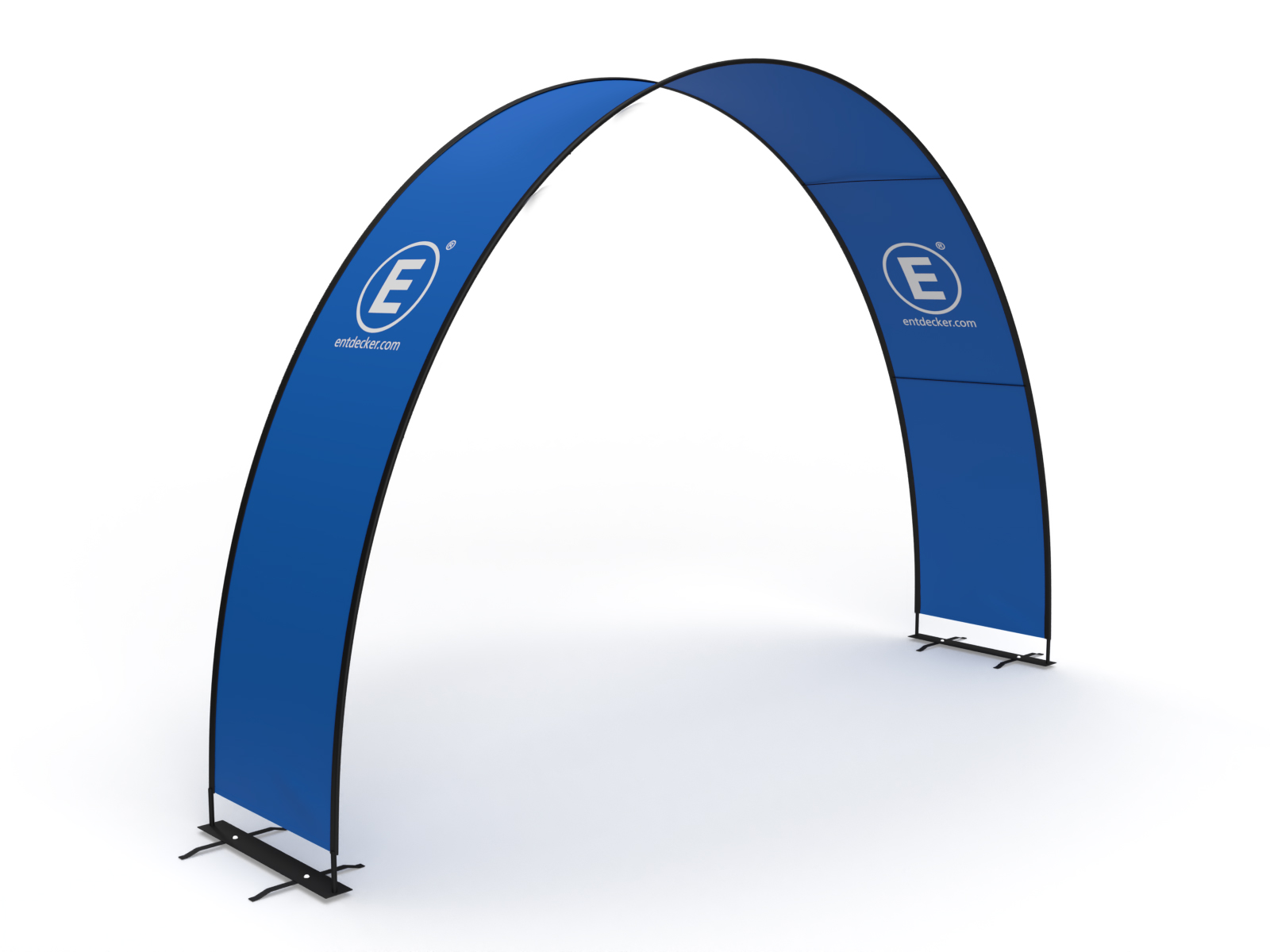 Blauer Eventbogen von ENTDECKER mit Logo, aufgestellt auf einem weißen Hintergrund.