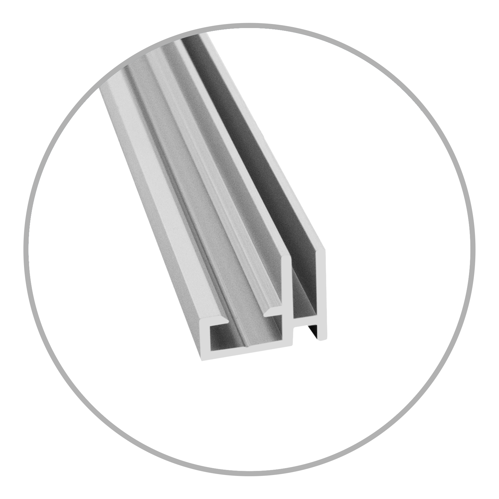 Silbernes Aluminium-Profil mit zwei parallelen Schienen, geeignet für Rahmenkonstruktionen.