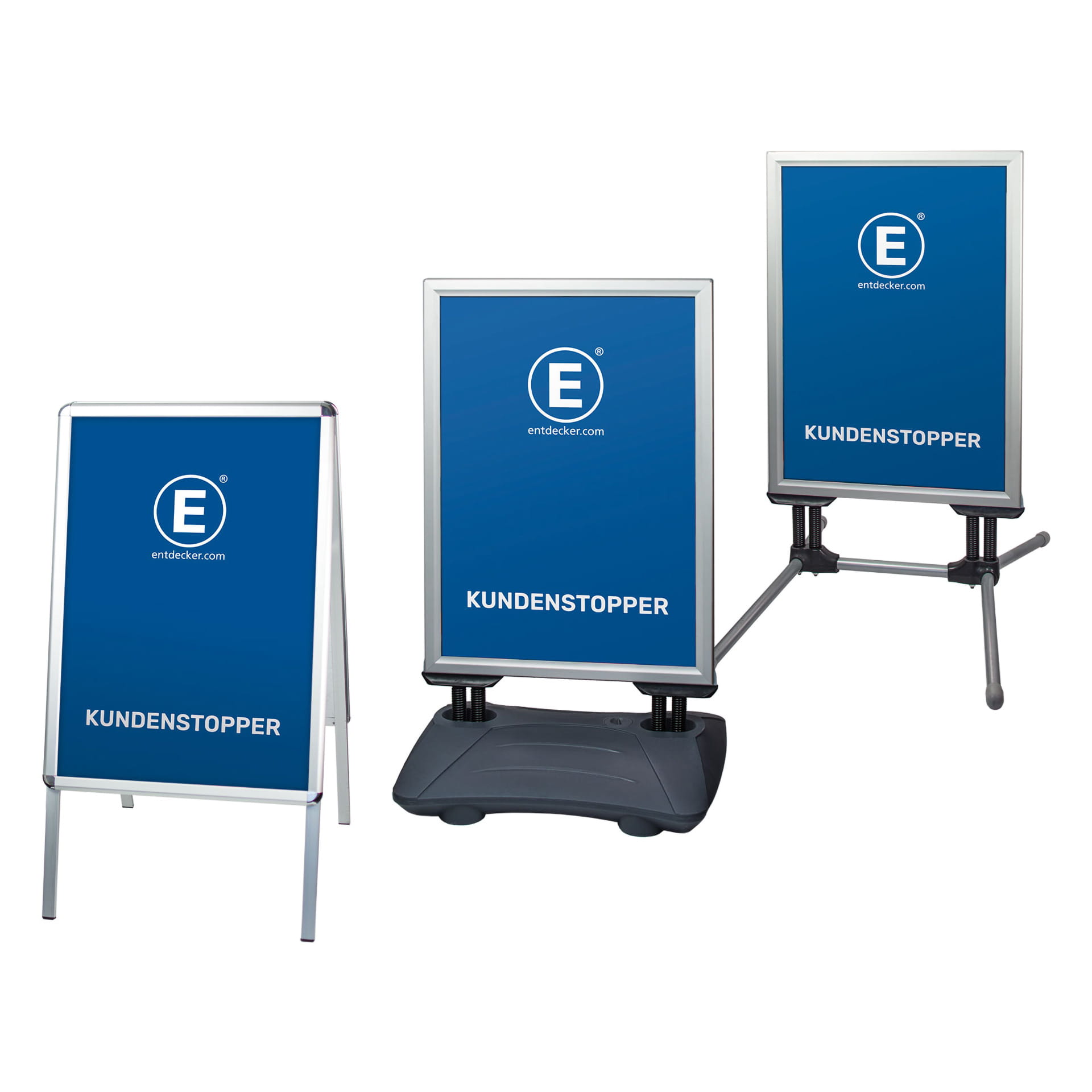 Kundenstopper Aufsteller mit blauer Oberfläche und weißem Text KUNDENSTOPPER, Logo von ENTDECKER in der Mitte.