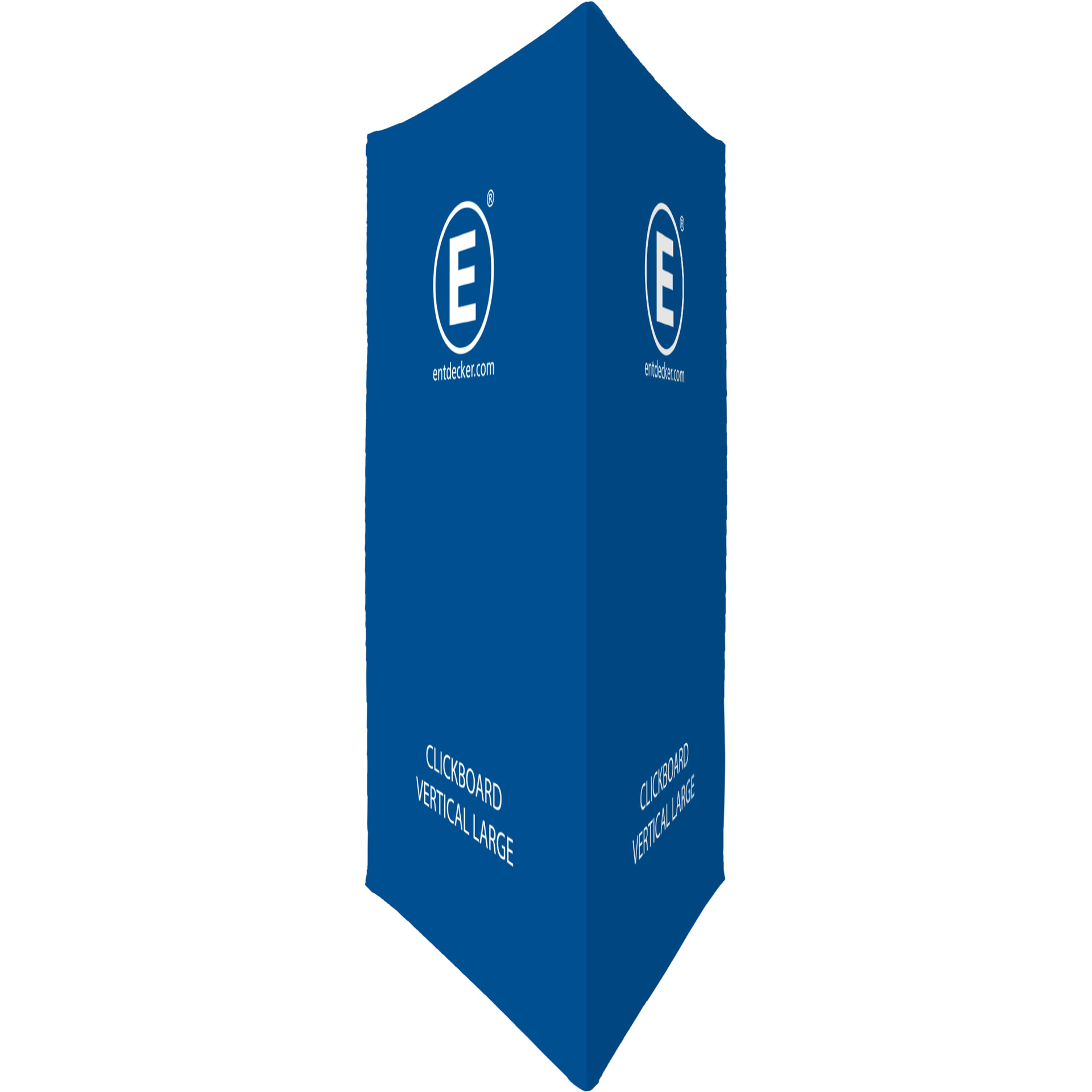 Werbebande Clickboard Vertical Large in Blau, zeigt das Logo von ENTDECKER und den Produktnamen.