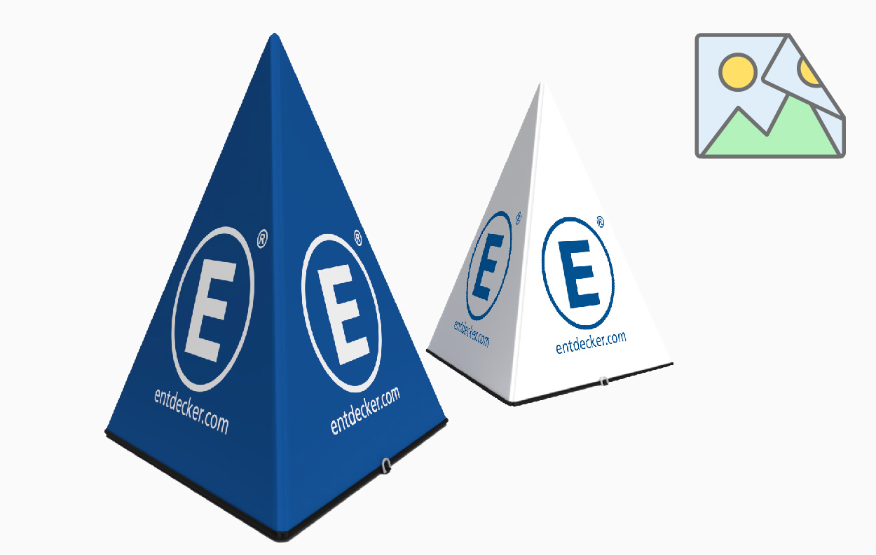 Zwei doppelseitige Event-Pyramiden in Blau und Weiß mit dem Logo von ENTDECKER und der Website entdecker.com.