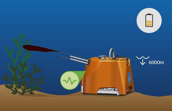 Produkt 'Beachflag Easyflag Micro Daten Erfassen', orangefarbener Datenlogger mit Sensoren, unter Wasser in einer maritimen Umgebung.
