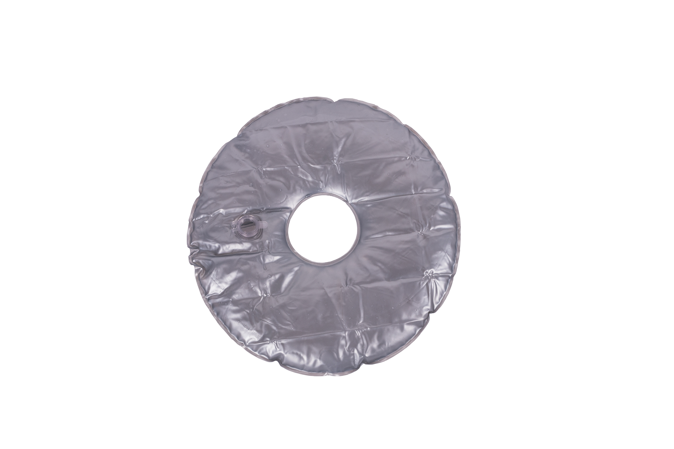 Universeller silberner Wassersack mit rundem Design und einem Loch in der Mitte.