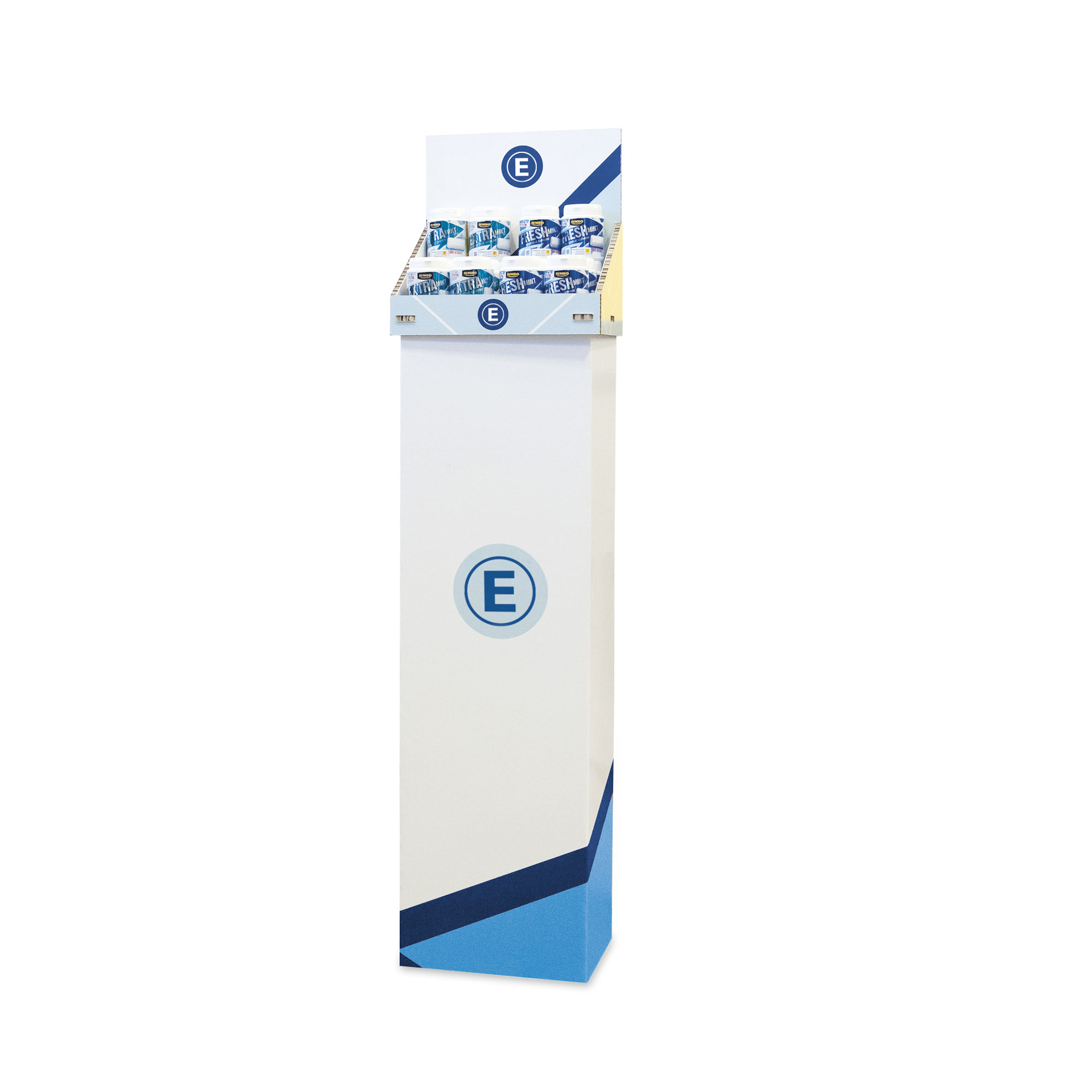 POS Display bedruckt von ENTDECKER mit einer Ablage für Produkte und einem blauen Design.
