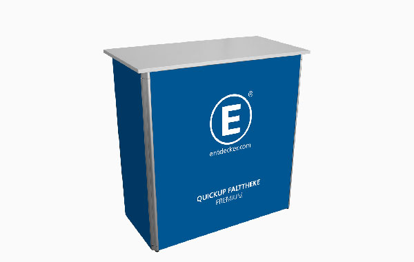 Quickup Klapptheke in blauer Ausführung mit silberner Oberplatte und dem Logo von ENTDECKER.