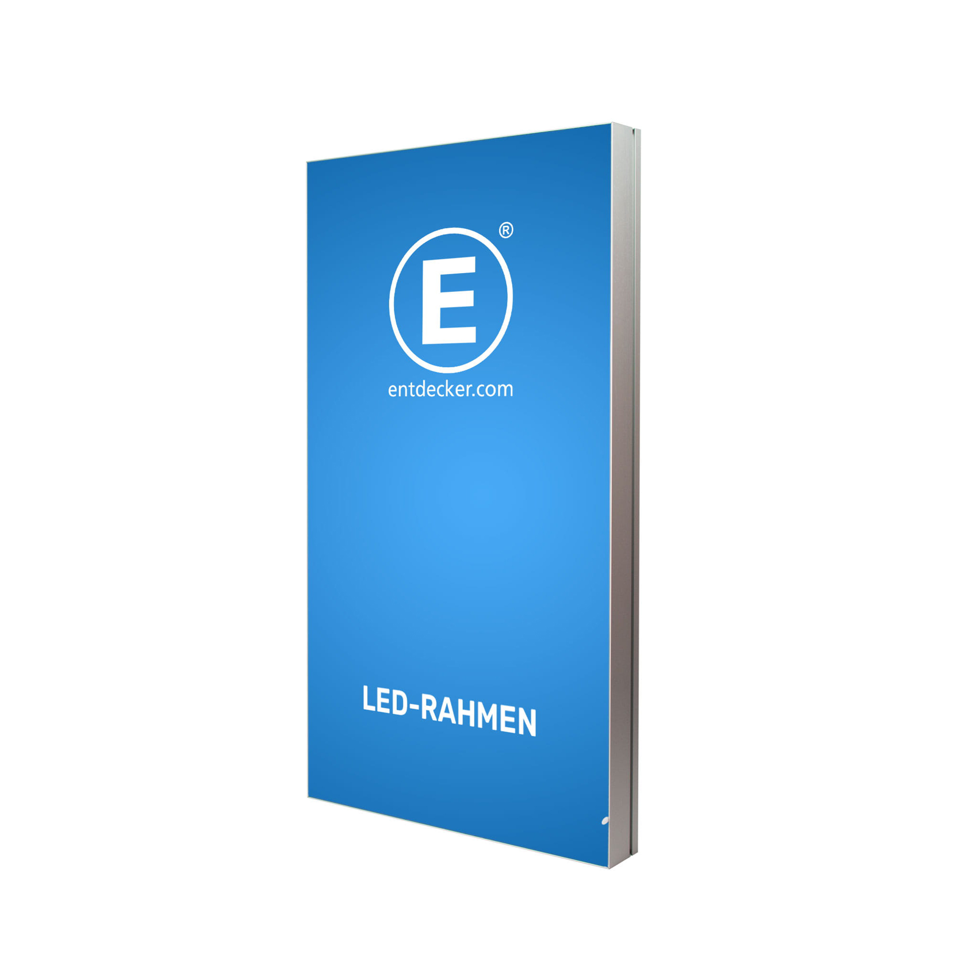 LED-Rahmen von ENTDECKER in blauer Farbe mit weißem Logo und Schriftzug LED-RAHMEN.