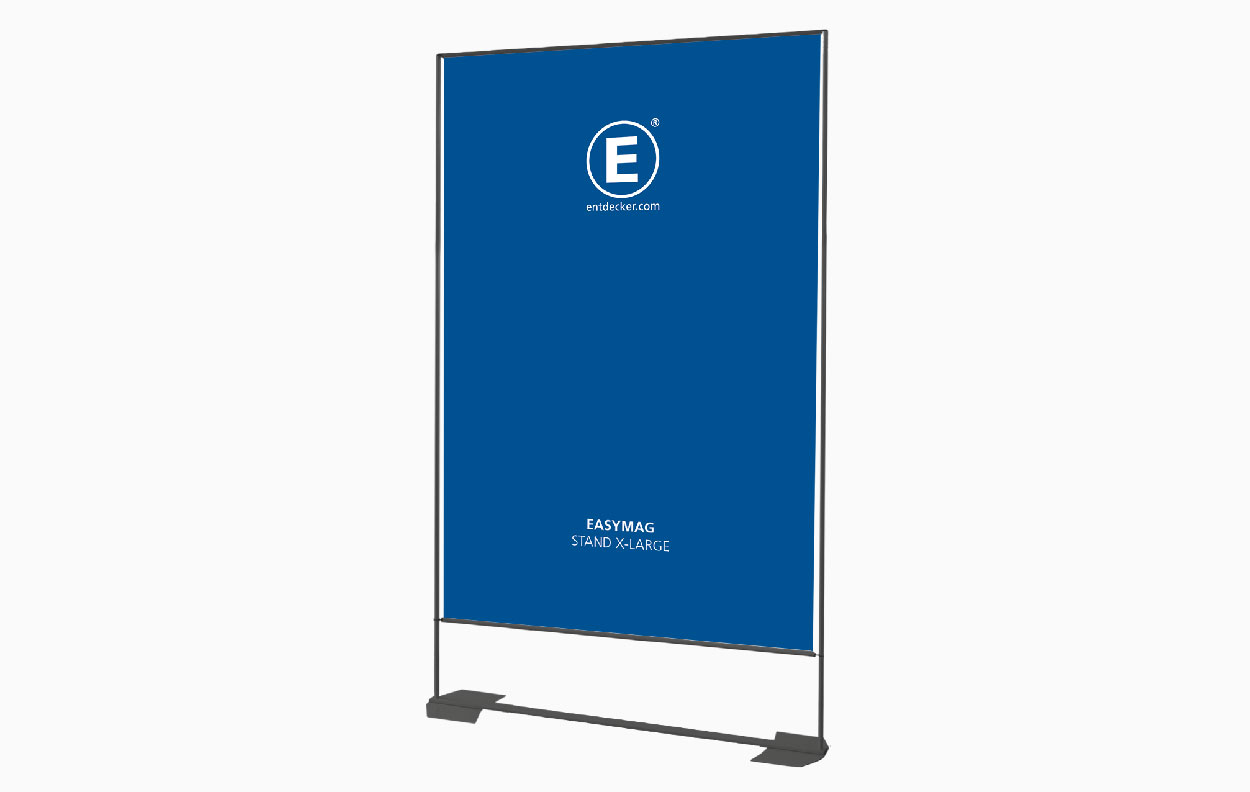 Easymag Größe Set 120X200 Wing in Schwarz, freistehendes Display mit blauer Fläche und dem Logo von ENTDECKER.