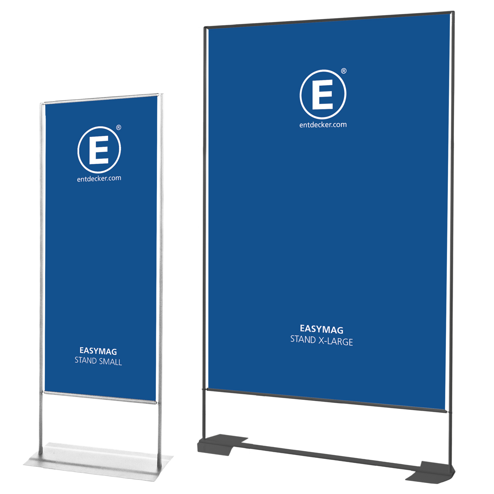 Zwei Easymag Ständer in verschiedenen Größen: links der Easymag Stand Small, rechts der Easymag Stand X-Large, beide mit blauer Oberfläche und dem Logo von ENTDECKER.