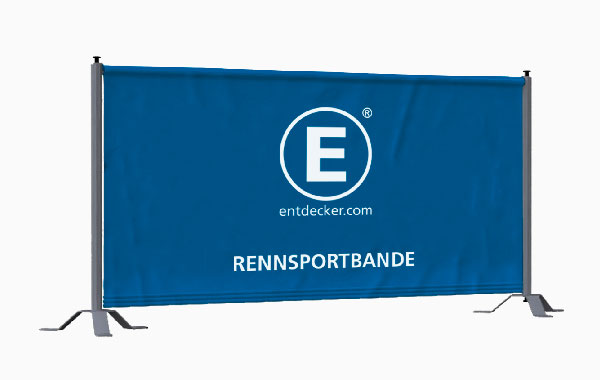 Rennsportbande Ausführung Basis Set von ENTDECKER, blaue Werbebande mit Logo und Website.