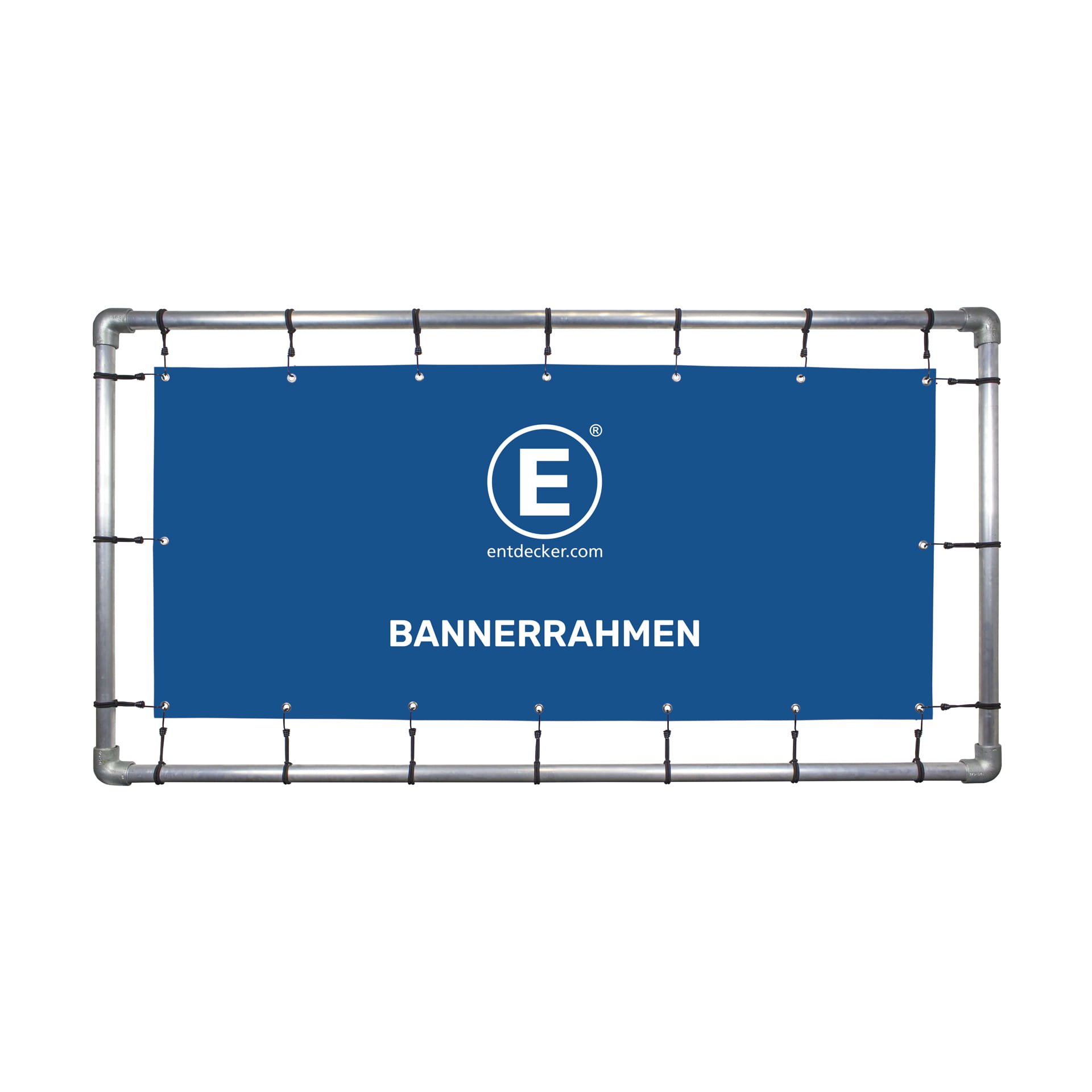 Bedruckter Bannerrahmen von ENTDECKER mit blauer Hintergrundfarbe und dem Text BANNERRAHMEN in Weiß.