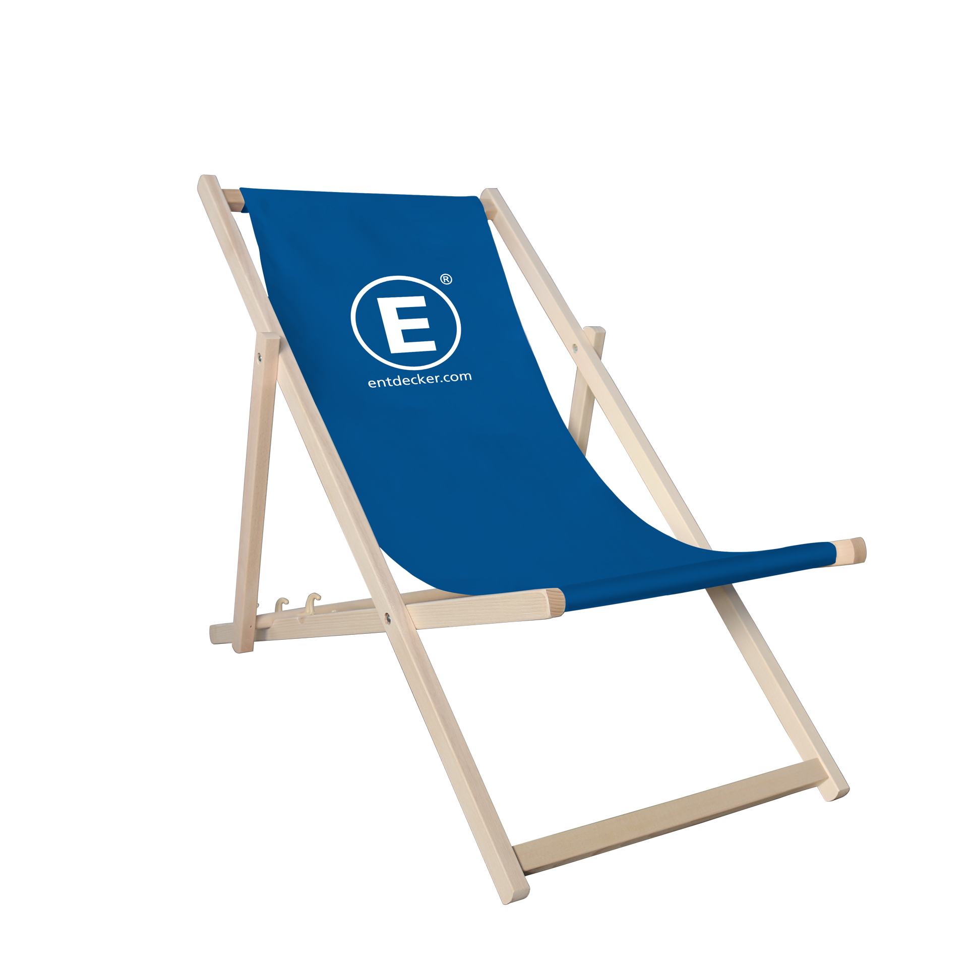 Liegestuhl mit Armstützen in Blau, aus Holz mit dem Logo von ENTDECKER.