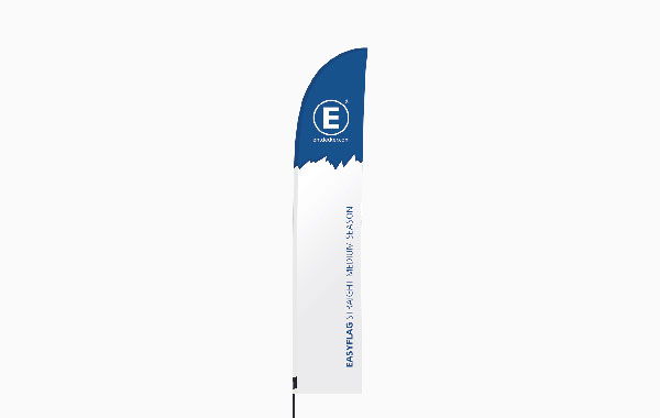 Fahne in gerader Form mit blauem oberen Teil und weißem unteren Teil, beschriftet mit 'EASYFLAG - Wählen - Saison'.