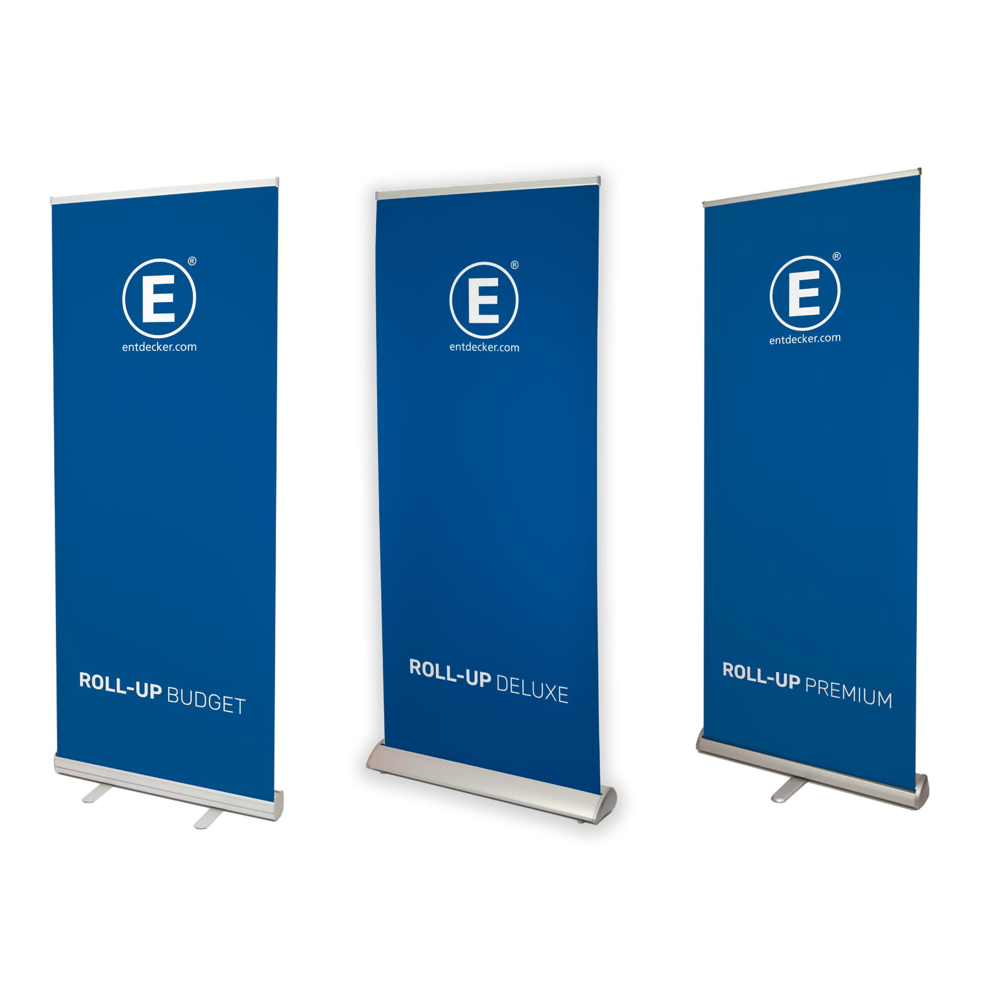 Drei Roll-Ups in verschiedenen Ausführungen: Budget, Deluxe und Premium, alle in Blau mit dem Logo von ENTDECKER.