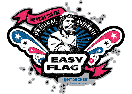 Logo von Easyflag mit einem Piloten, umgeben von Sternen und Streifen in Rot, Weiß und Blau.