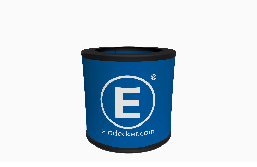 Kleiner Event-Bin in Blau mit dem Logo von ENTDECKER und der Website entdecker.com.