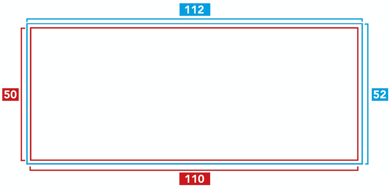 Technische Zeichnung für das Formatieren von Beschnitt bei Fräsbuchstaben mit Maßangaben.