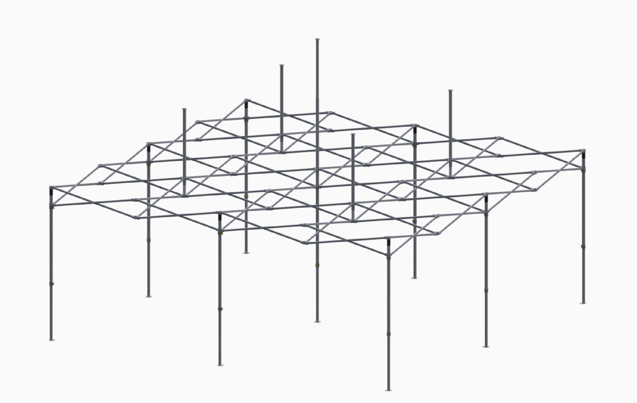 Faltzelt Gestell in der Größe 6x6, aus Metall mit mehreren Stützpfosten und einem Gitterdesign.