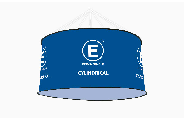 Deckenhänger Cylindrical in großer Größe, blau mit dem Schriftzug 'CYLINDRICAL' und dem Logo von ENTDECKER.