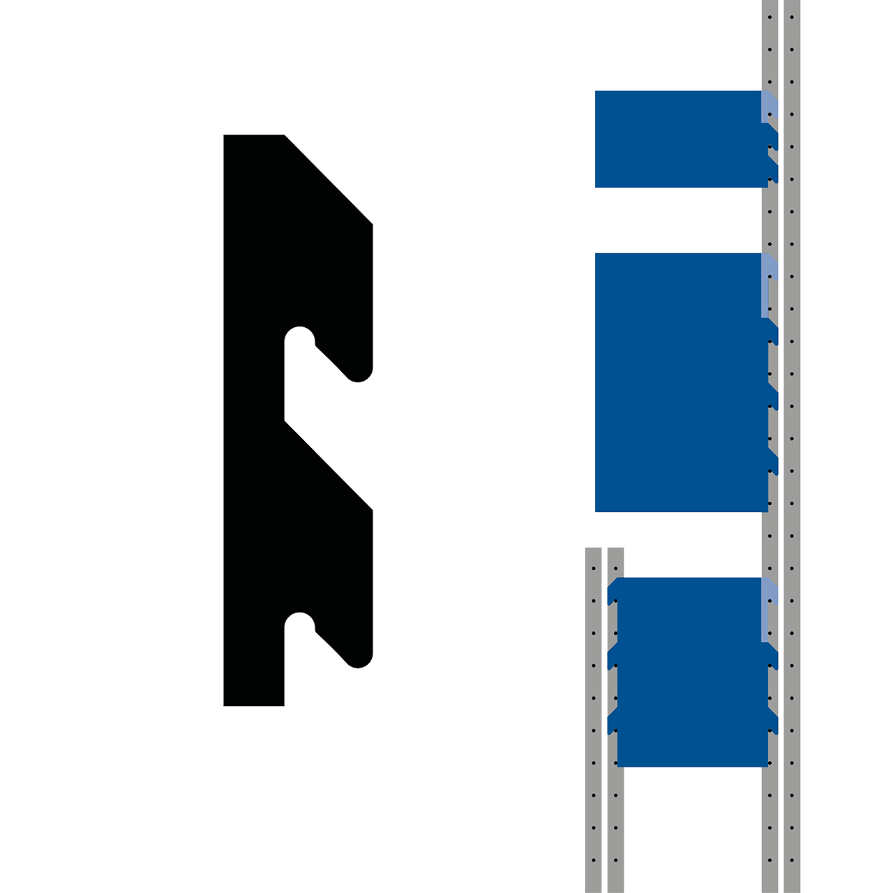 Standardhaken von ENTDECKER, zeigt die Form und Montageoptionen an einem Regal.