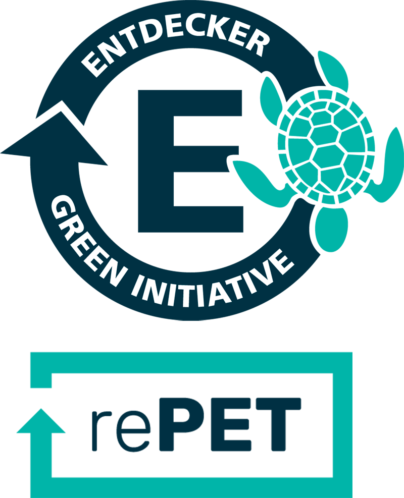 Logo der 'Entdecker Green Initiative' mit einer Schildkröte und dem Schriftzug 'rePET'.