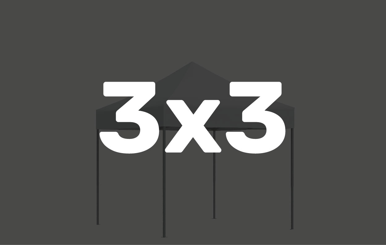 Gewichtssets für Zelte der Größe 3x3, mit grafischer Darstellung eines Zeltes.