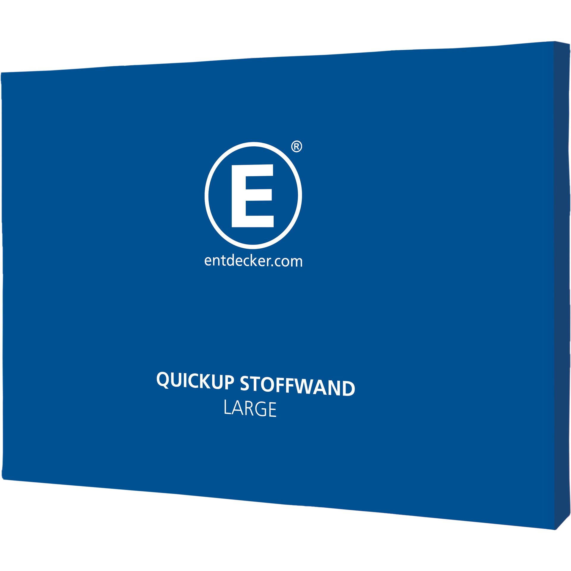 Messewand Quickup Stoffwand Large in Blau mit dem Text QUICKUP STOFFWAND LARGE und dem Logo von ENTDECKER.