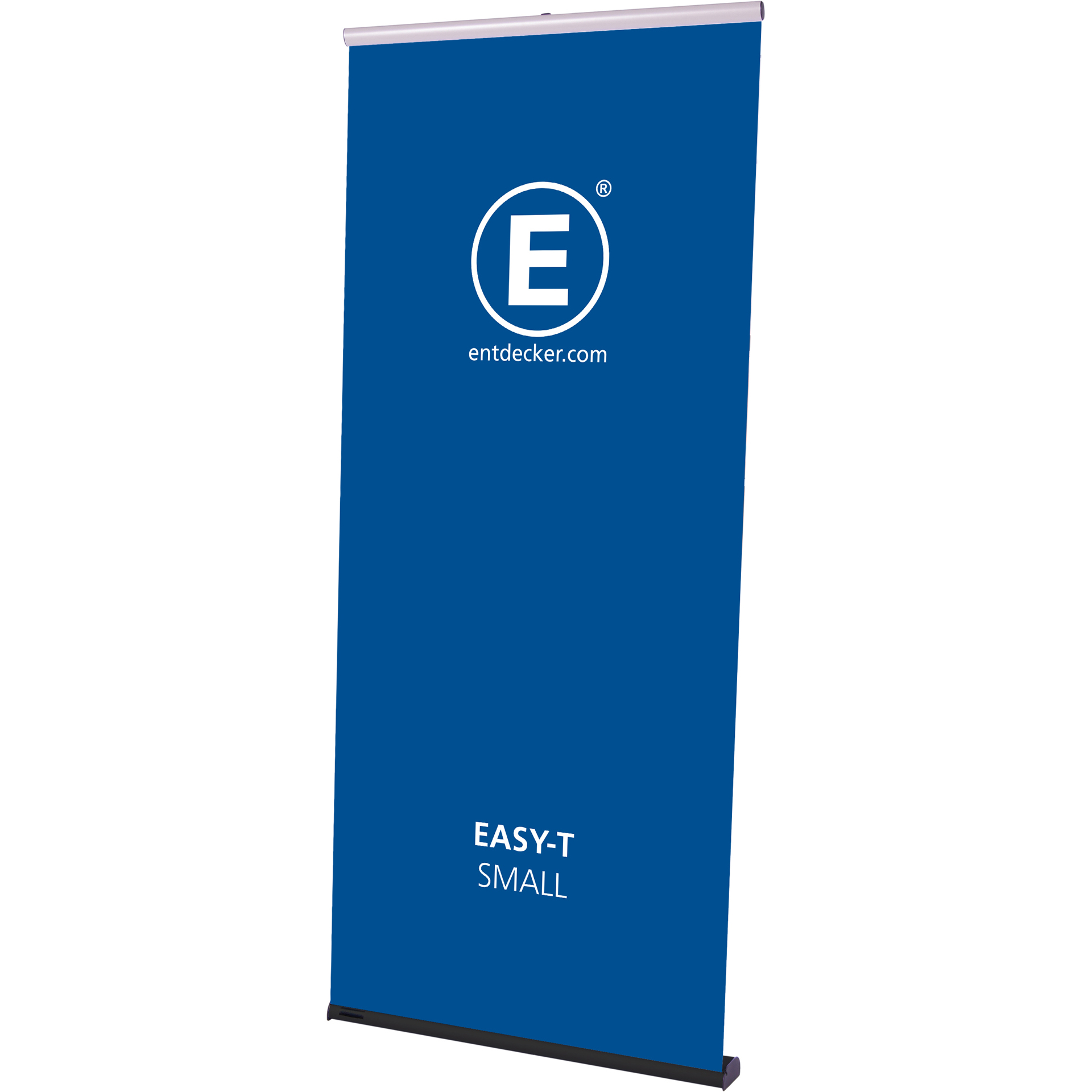 Zwei Roll-Up Banner des Produkts Rollup Easy-T Roll Up Set Small X Large in blauer Farbe mit dem Logo E und der Website entdecker.com.
