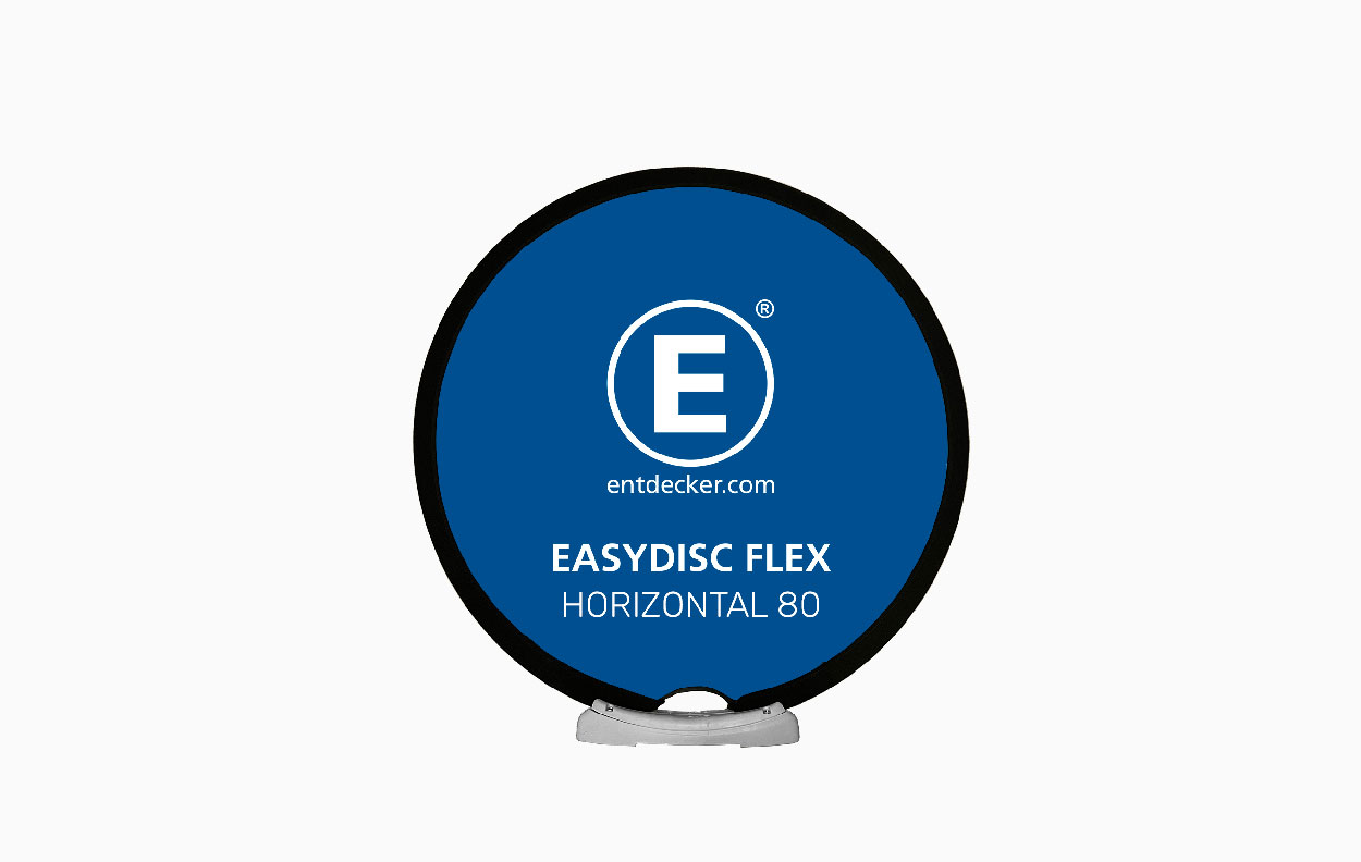 Werbedisplay Easydisc Flex in horizontaler Ausführung, blau mit weißem Logo und Schriftzug 'EASYDISC FLEX HORIZONTAL 80'.