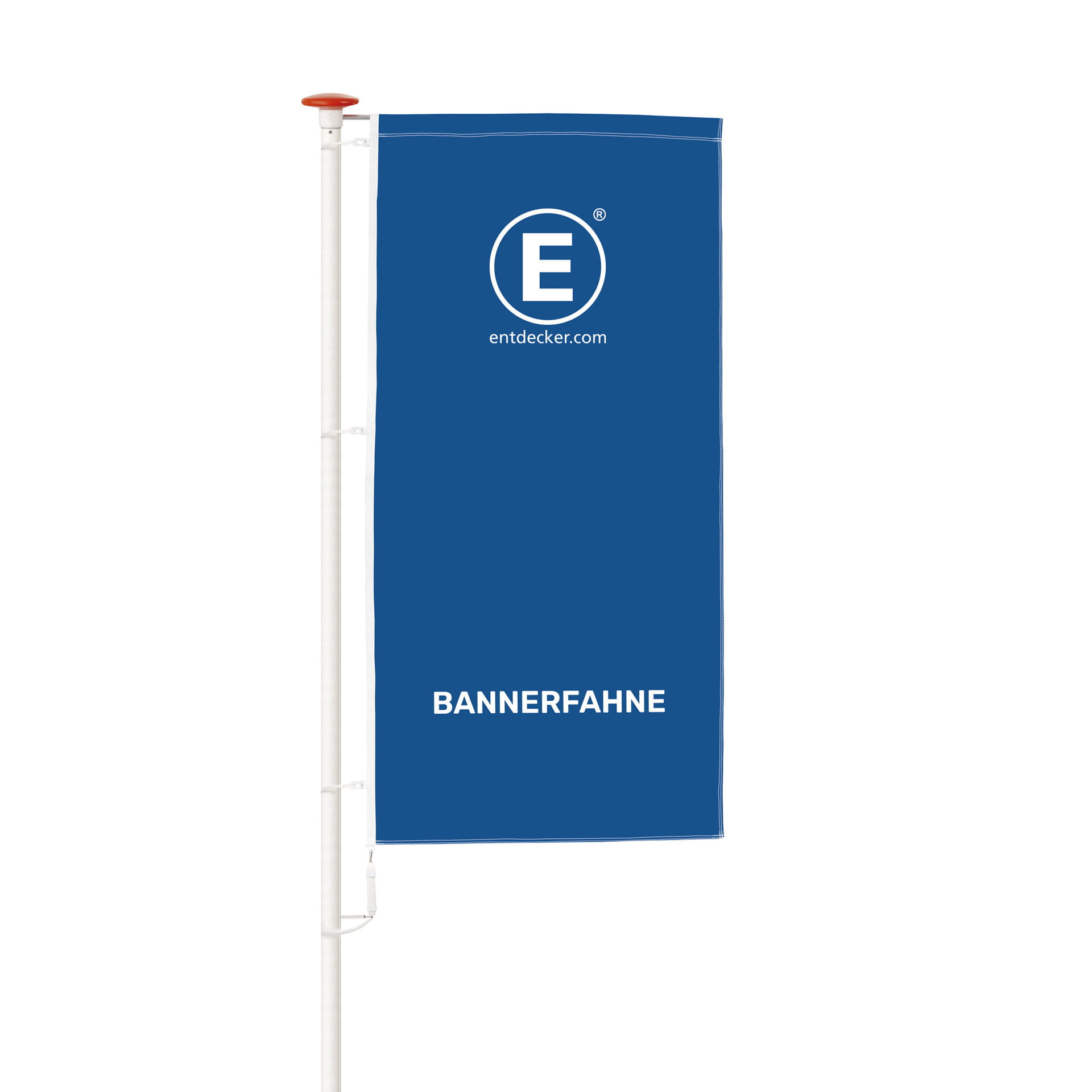 Bannerfahne in Blau mit dem Text BANNERFAHNE und dem Logo von ENTDECKER.