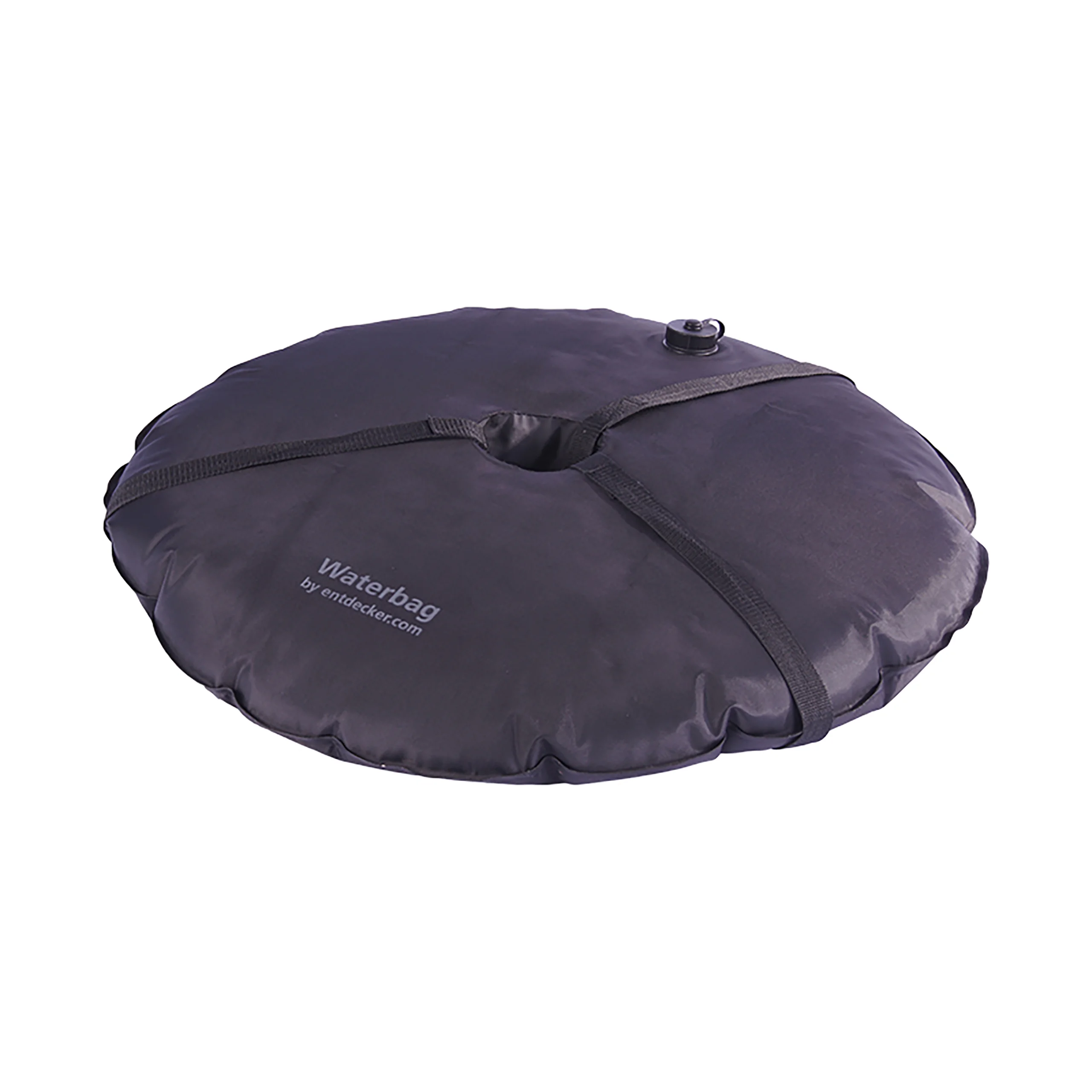 Wassersack für Beachflag, 25 Liter, schwarz, mit Befestigungsriemen und Ventil.