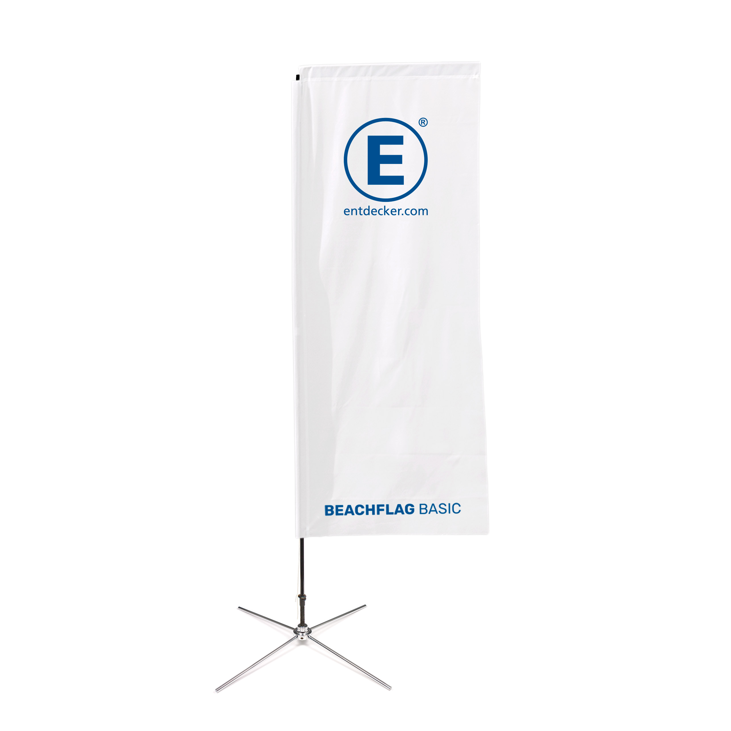 Weißes Beachflag Basic mit dem Logo von ENTDECKER und der Website entdecker.com, auf einem stabilen Standfuß.