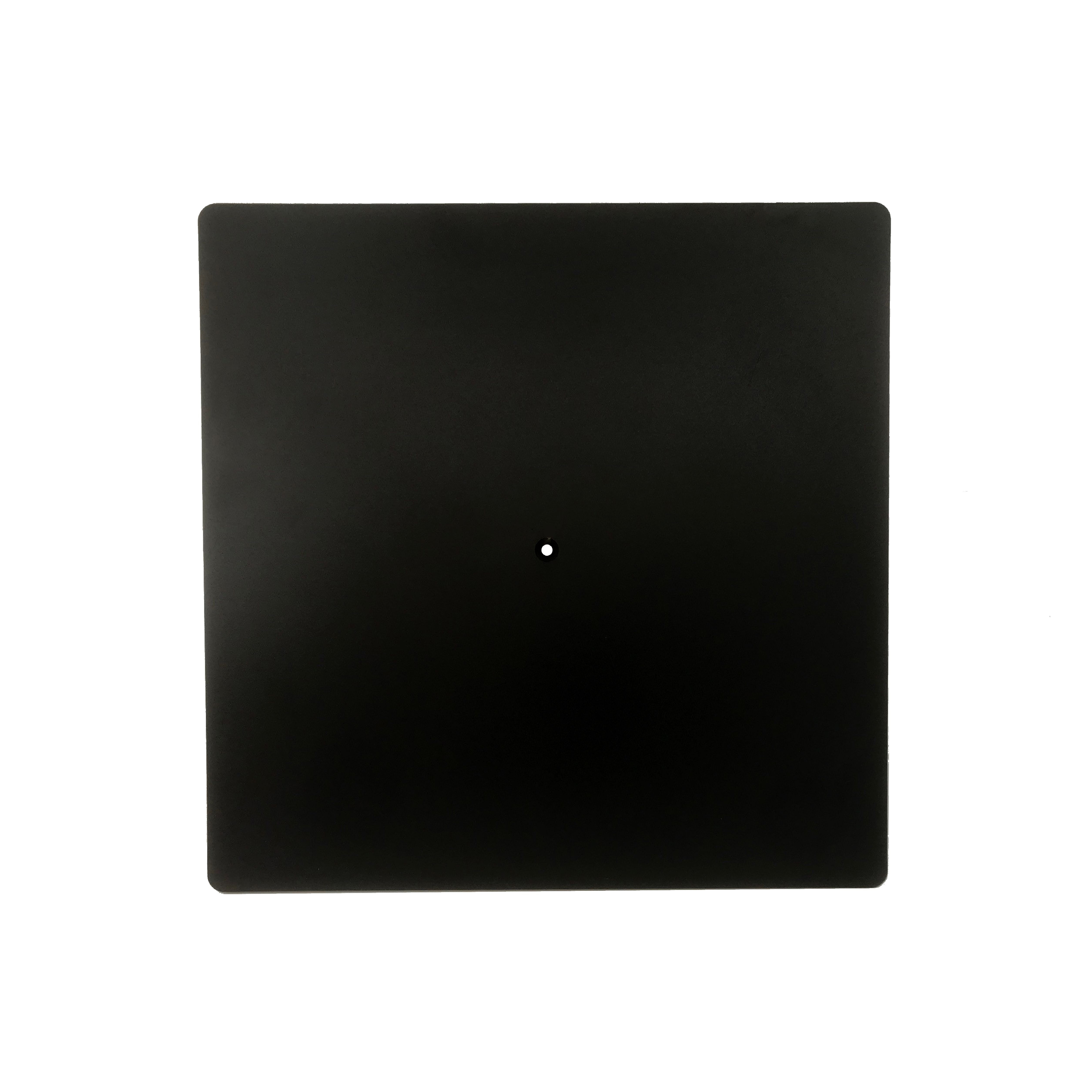 Schwarze Fußplatte mit mittigem Loch, quadratisch, 400x400x6 mm, von der Marke ENTDECKER.