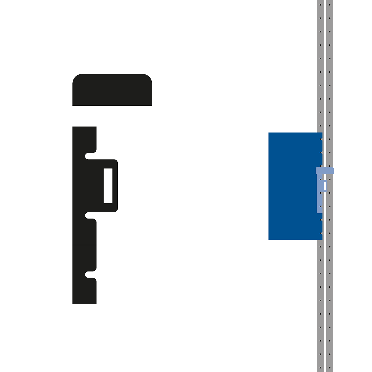 Gleithaken von ENTDECKER, dargestellt in einer schematischen Ansicht mit einem grauen Haken und einer blauen Halterung.