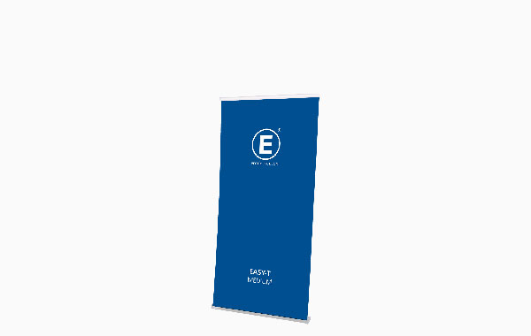 Rollup Easy-T in der Größe Medium, blaue Stoffoberfläche mit dem Logo 'E' und dem Text 'EASY ROLL UP'.