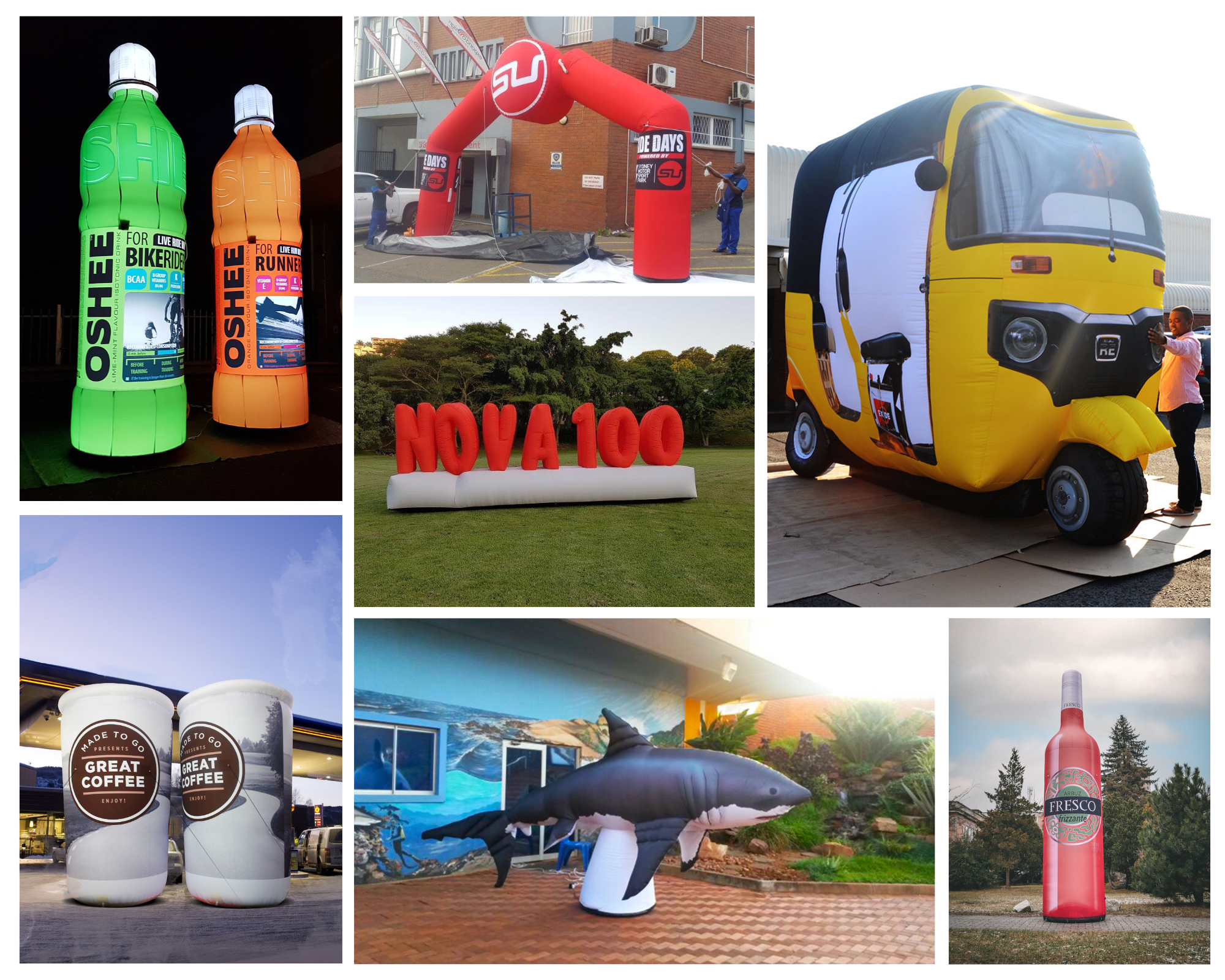 Kollage von individuellen Inflatables: Getränke, Tor, Schriftzug, Auto, Haifisch und Flasche.