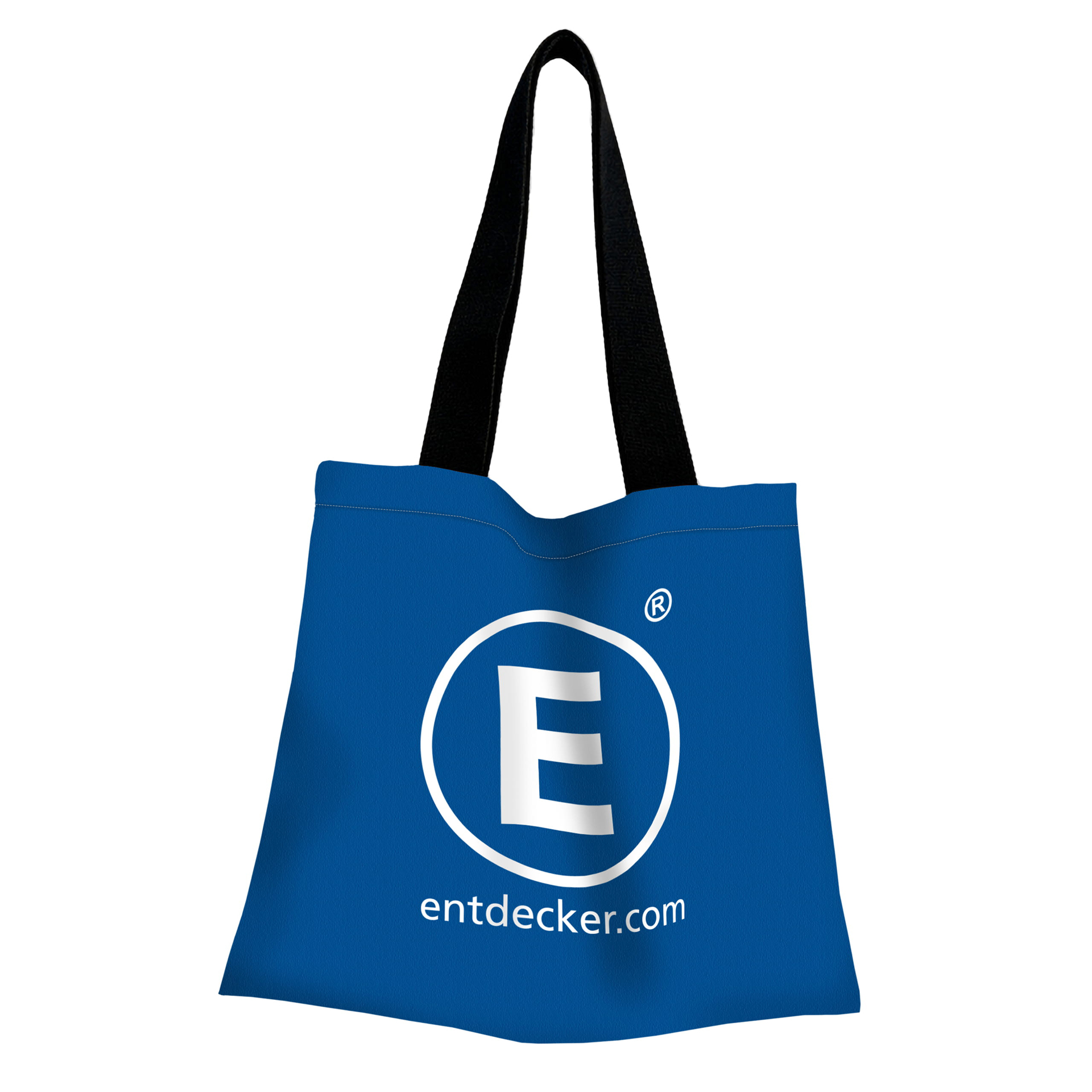 Blaue Tragetasche mit schwarzem Henkel und dem Logo von ENTDECKER sowie der Website entdecker.com.